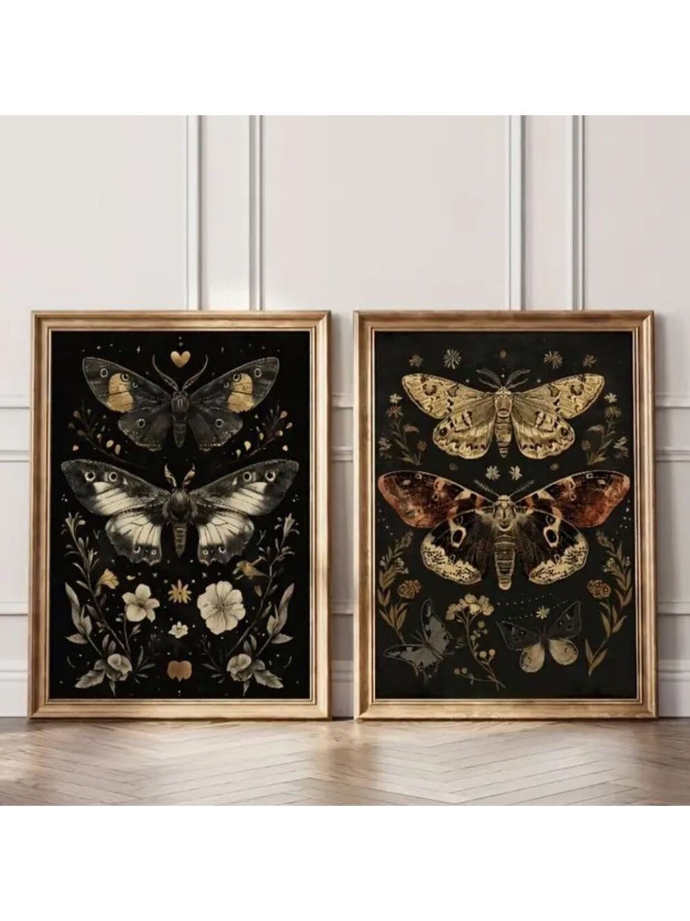 Dark Floral Moth Canvas Prints - Set of 2 Wall Art